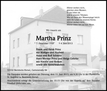 Anzeige von Martha Prinz von Kölner Stadt-Anzeiger / Kölnische Rundschau / Express