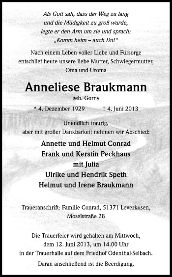 Anzeige von Anneliese Braukmann von Kölner Stadt-Anzeiger / Kölnische Rundschau / Express