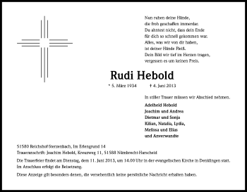 Anzeige von Rudi Hebold von Kölner Stadt-Anzeiger / Kölnische Rundschau / Express
