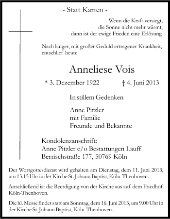 Anzeige von Anneliese Vois von Kölner Stadt-Anzeiger / Kölnische Rundschau / Express