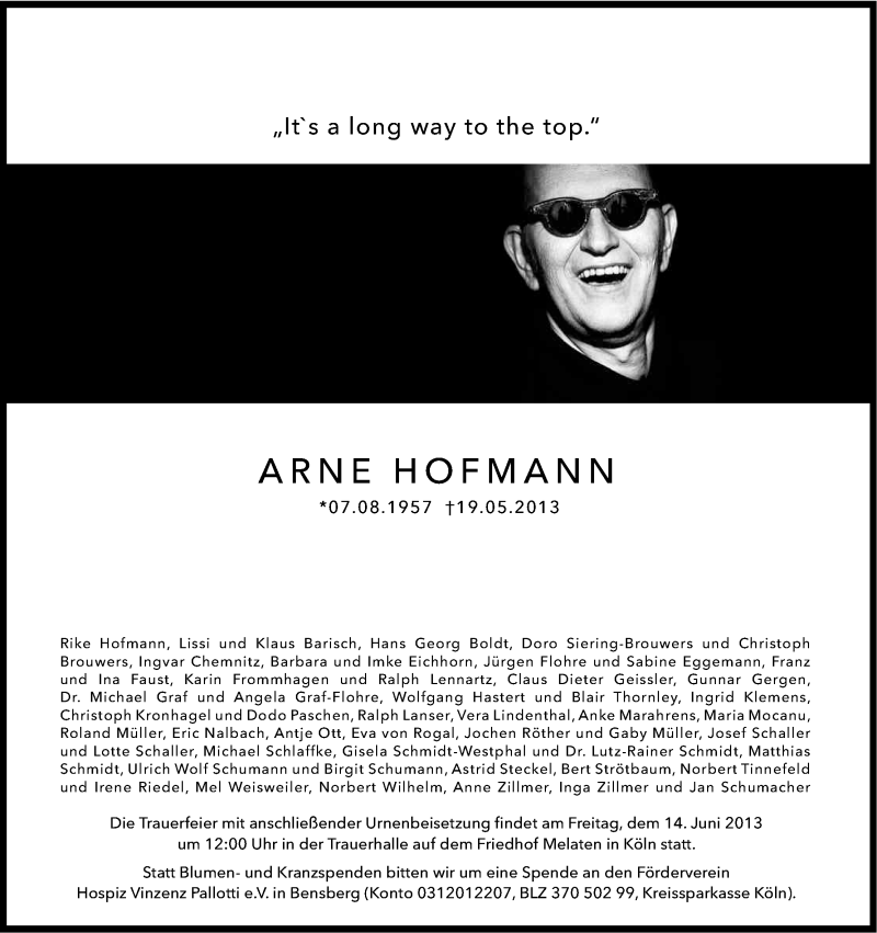  Traueranzeige für Arne Hofmann vom 08.06.2013 aus Kölner Stadt-Anzeiger / Kölnische Rundschau / Express