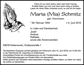 Anzeige von Maria Schmitz von Kölner Stadt-Anzeiger / Kölnische Rundschau / Express