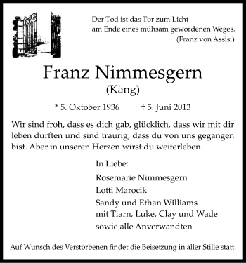 Anzeige von Franz Nimmesgern von Kölner Stadt-Anzeiger / Kölnische Rundschau / Express