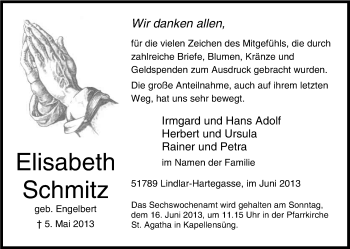 Anzeige von Elisabeth Schmitz von Kölner Stadt-Anzeiger / Kölnische Rundschau / Express