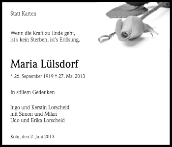 Anzeige von Maria Lülsdorf von Kölner Stadt-Anzeiger / Kölnische Rundschau / Express