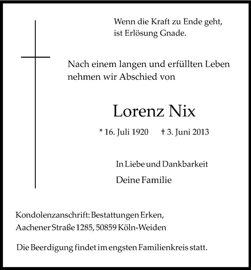  Traueranzeige für Lorenz Nix vom 08.06.2013 aus Kölner Stadt-Anzeiger / Kölnische Rundschau / Express