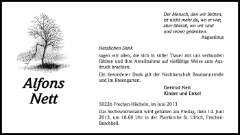Anzeige von Alfons Nett von Kölner Stadt-Anzeiger / Kölnische Rundschau / Express
