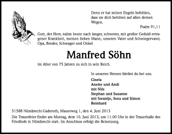 Anzeige von Manfred Söhn von Kölner Stadt-Anzeiger / Kölnische Rundschau / Express