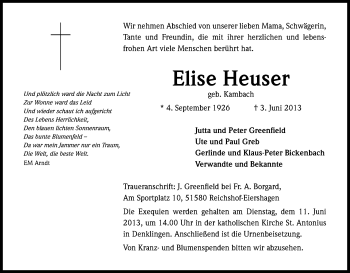 Anzeige von Elise Heuser von Kölner Stadt-Anzeiger / Kölnische Rundschau / Express