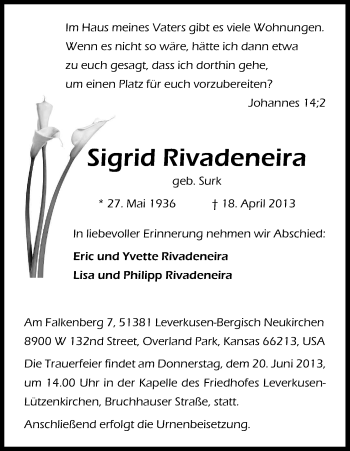 Anzeige von Sigrid Rivadeneira von Kölner Stadt-Anzeiger / Kölnische Rundschau / Express