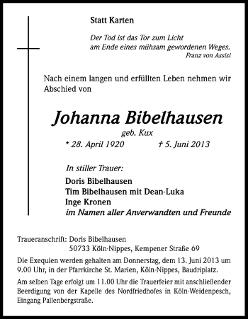 Anzeige von Johanna Bibelhausen von Kölner Stadt-Anzeiger / Kölnische Rundschau / Express