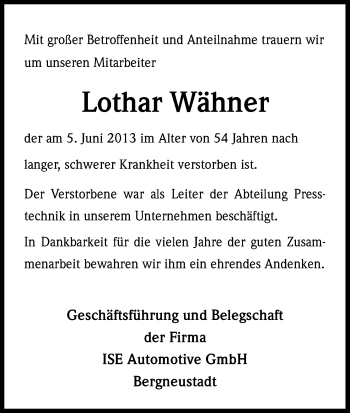 Anzeige von Lothar Wähner von Kölner Stadt-Anzeiger / Kölnische Rundschau / Express