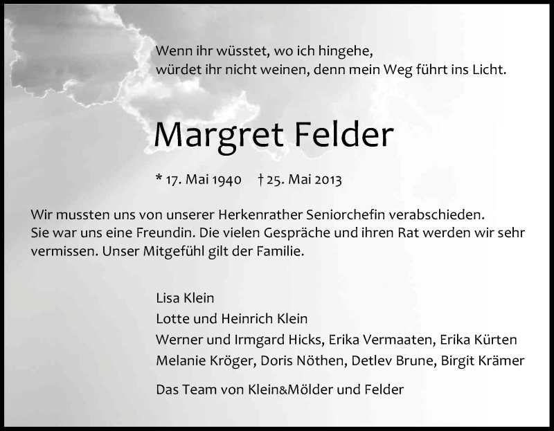  Traueranzeige für Margret Felder vom 08.06.2013 aus Kölner Stadt-Anzeiger / Kölnische Rundschau / Express