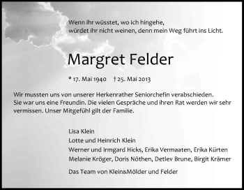 Anzeige von Margret Felder von Kölner Stadt-Anzeiger / Kölnische Rundschau / Express