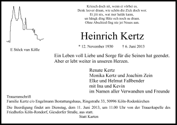 Anzeige von Heinrich Kertz von Kölner Stadt-Anzeiger / Kölnische Rundschau / Express