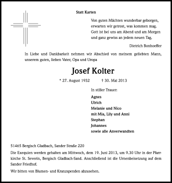 Anzeige von Josef Kolter von Kölner Stadt-Anzeiger / Kölnische Rundschau / Express