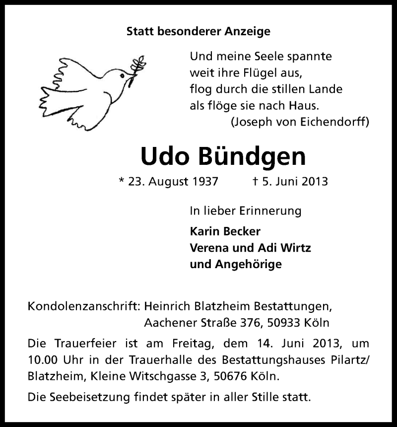  Traueranzeige für Udo Bündgen vom 08.06.2013 aus Kölner Stadt-Anzeiger / Kölnische Rundschau / Express