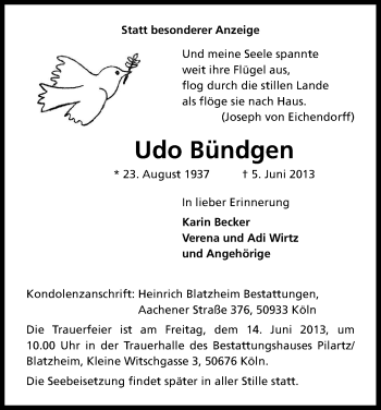 Anzeige von Udo Bündgen von Kölner Stadt-Anzeiger / Kölnische Rundschau / Express