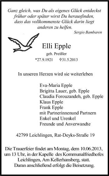 Anzeige von Elli Eplle von Kölner Stadt-Anzeiger / Kölnische Rundschau / Express