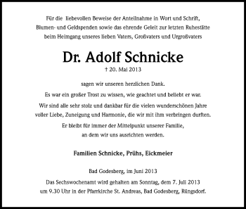 Anzeige von Adolf Schnicke von Kölner Stadt-Anzeiger / Kölnische Rundschau / Express