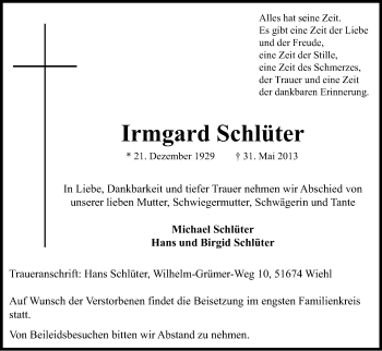 Anzeige von Irmgard Schlüter von Kölner Stadt-Anzeiger / Kölnische Rundschau / Express