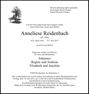 Anzeige von Anneliese Reidenbach von Kölner Stadt-Anzeiger / Kölnische Rundschau / Express