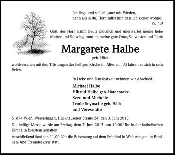 Anzeige von Margarete Halbe von Kölner Stadt-Anzeiger / Kölnische Rundschau / Express