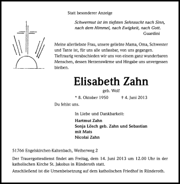 Anzeige von Elisabeth Zahn von Kölner Stadt-Anzeiger / Kölnische Rundschau / Express
