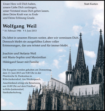 Anzeige von Wolfgang Weil von Kölner Stadt-Anzeiger / Kölnische Rundschau / Express