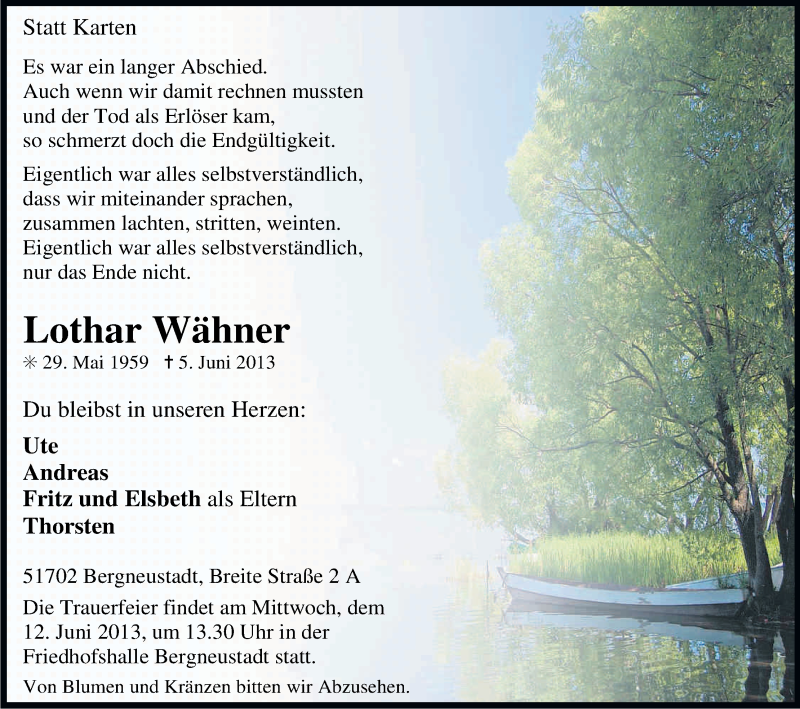  Traueranzeige für Lothar Wähner vom 08.06.2013 aus Kölner Stadt-Anzeiger / Kölnische Rundschau / Express