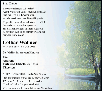 Anzeige von Lothar Wähner von Kölner Stadt-Anzeiger / Kölnische Rundschau / Express