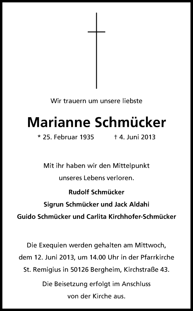 Traueranzeige für Marianne Schmücker vom 08.06.2013 aus Kölner Stadt-Anzeiger / Kölnische Rundschau / Express