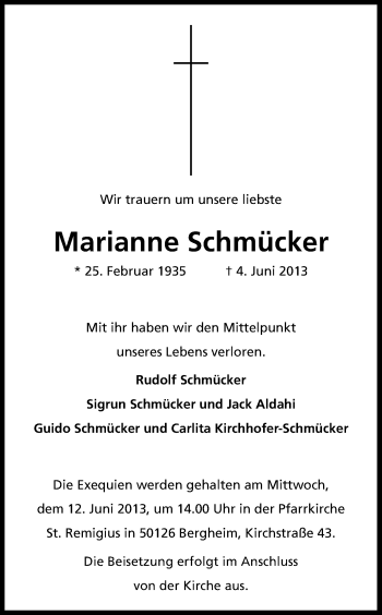 Anzeige von Marianne Schmücker von Kölner Stadt-Anzeiger / Kölnische Rundschau / Express