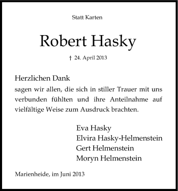 Anzeige von Robert Hasky von Kölner Stadt-Anzeiger / Kölnische Rundschau / Express