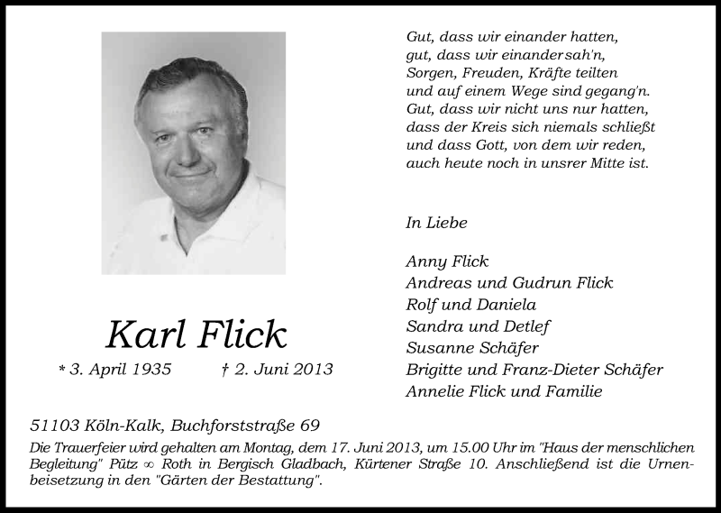  Traueranzeige für Karl Flick vom 08.06.2013 aus Kölner Stadt-Anzeiger / Kölnische Rundschau / Express