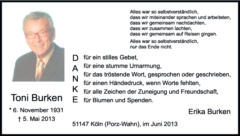  Traueranzeige für Toni Burken vom 08.06.2013 aus Kölner Stadt-Anzeiger / Kölnische Rundschau / Express