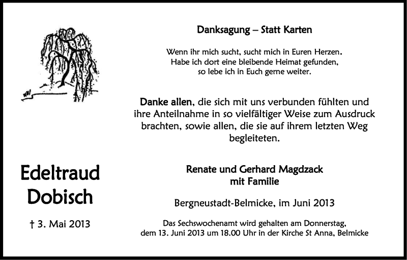 Traueranzeige für Edeltraud Dobisch vom 08.06.2013 aus Kölner Stadt-Anzeiger / Kölnische Rundschau / Express