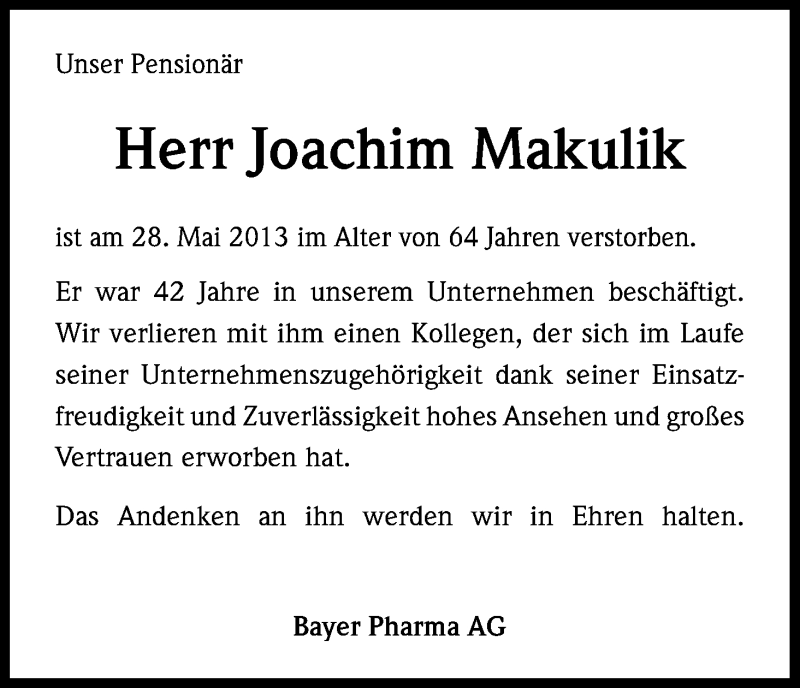  Traueranzeige für Joachim Makulik vom 08.06.2013 aus Kölner Stadt-Anzeiger / Kölnische Rundschau / Express