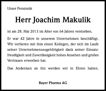 Anzeige von Joachim Makulik von Kölner Stadt-Anzeiger / Kölnische Rundschau / Express