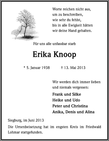 Anzeige von Erika Knoop von Kölner Stadt-Anzeiger / Kölnische Rundschau / Express