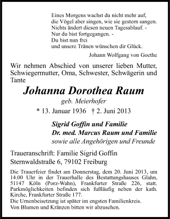 Anzeige von Johanna Dorothea Raum von Kölner Stadt-Anzeiger / Kölnische Rundschau / Express