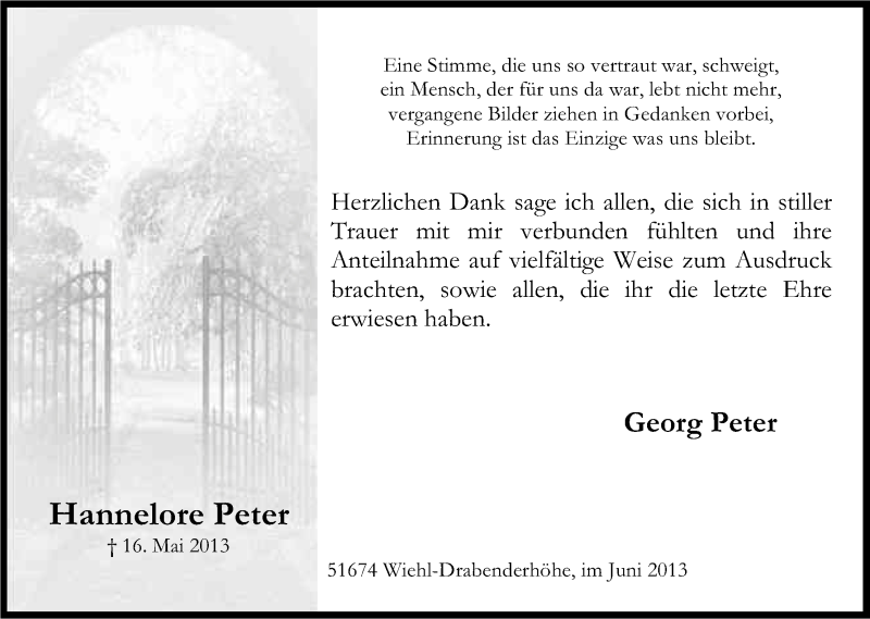  Traueranzeige für Hannelore Peter vom 08.06.2013 aus Kölner Stadt-Anzeiger / Kölnische Rundschau / Express