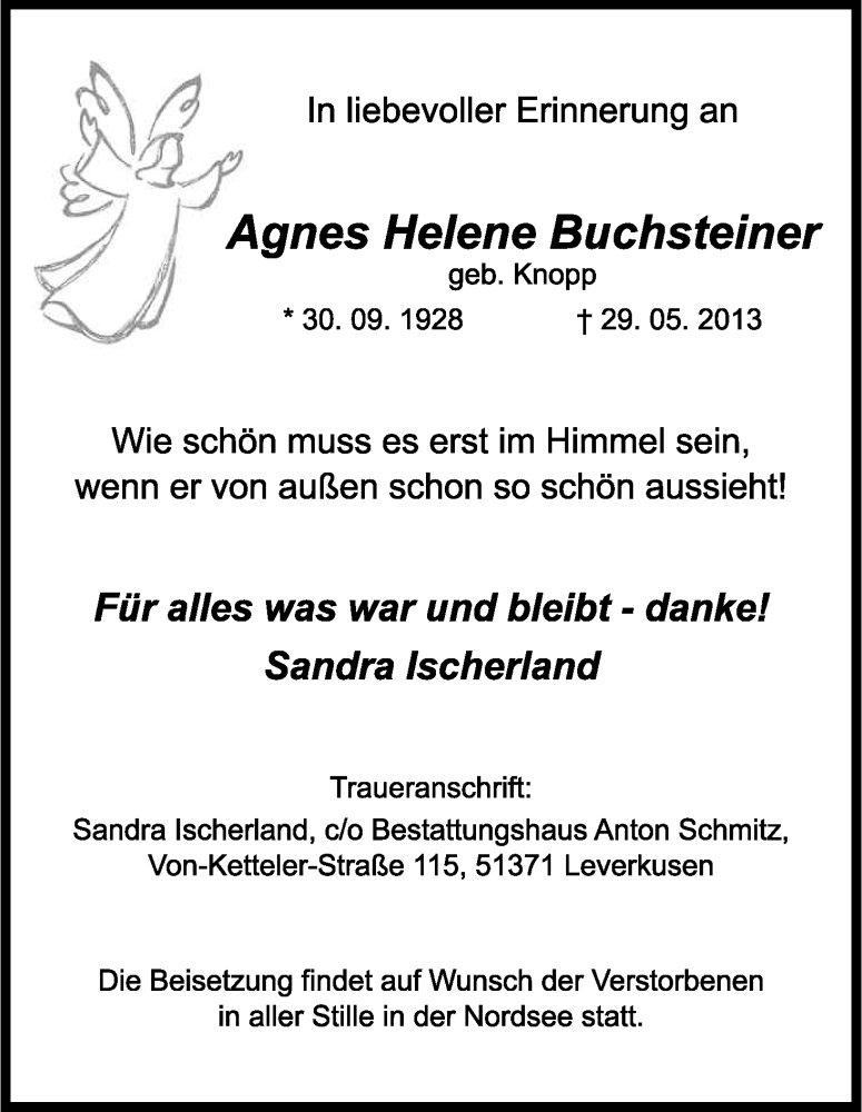  Traueranzeige für Agnes Helene Buchsteiner vom 08.06.2013 aus Kölner Stadt-Anzeiger / Kölnische Rundschau / Express