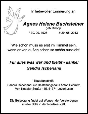 Anzeige von Agnes Helene Buchsteiner von Kölner Stadt-Anzeiger / Kölnische Rundschau / Express