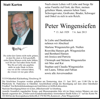Anzeige von Peter Wingensiefen von Kölner Stadt-Anzeiger / Kölnische Rundschau / Express