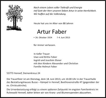 Anzeige von Artur Faber von Kölner Stadt-Anzeiger / Kölnische Rundschau / Express