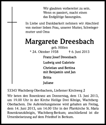 Anzeige von Margarete Dreesbach von Kölner Stadt-Anzeiger / Kölnische Rundschau / Express