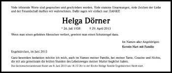 Anzeige von Helga Dörner von Kölner Stadt-Anzeiger / Kölnische Rundschau / Express
