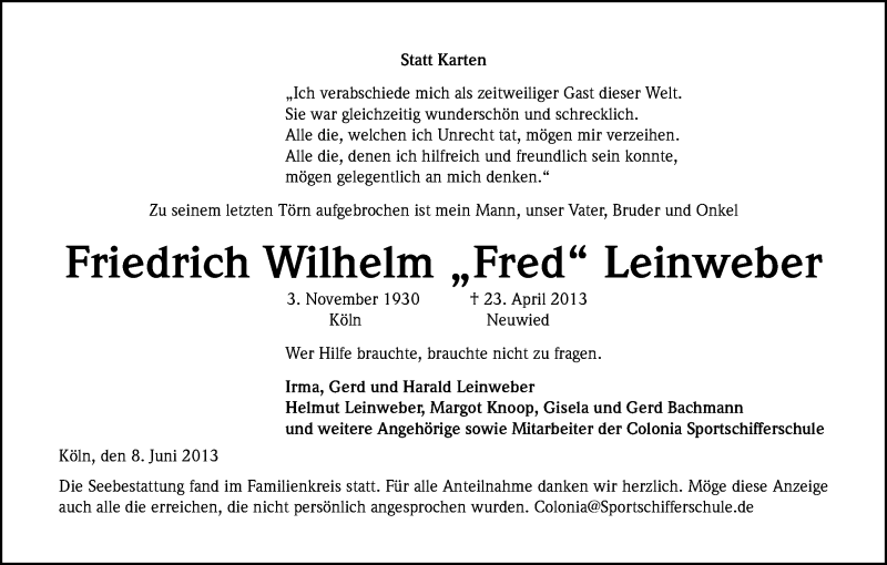  Traueranzeige für Friedrich Wilhelm gen. Fred Leinweber vom 08.06.2013 aus Kölner Stadt-Anzeiger / Kölnische Rundschau / Express