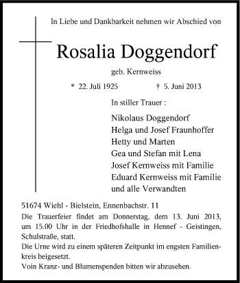 Anzeige von Rosalia Doggendorf von Kölner Stadt-Anzeiger / Kölnische Rundschau / Express